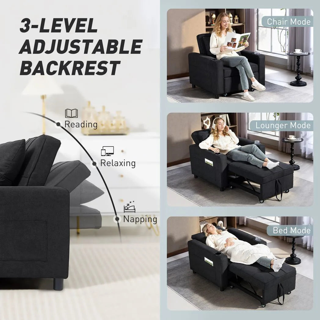 HOMCOM 3-in-1 Single Sofa Bed with Three-Level Back, Cup Holders and Pillow – Convertible Sleeper Chair Bed, Black