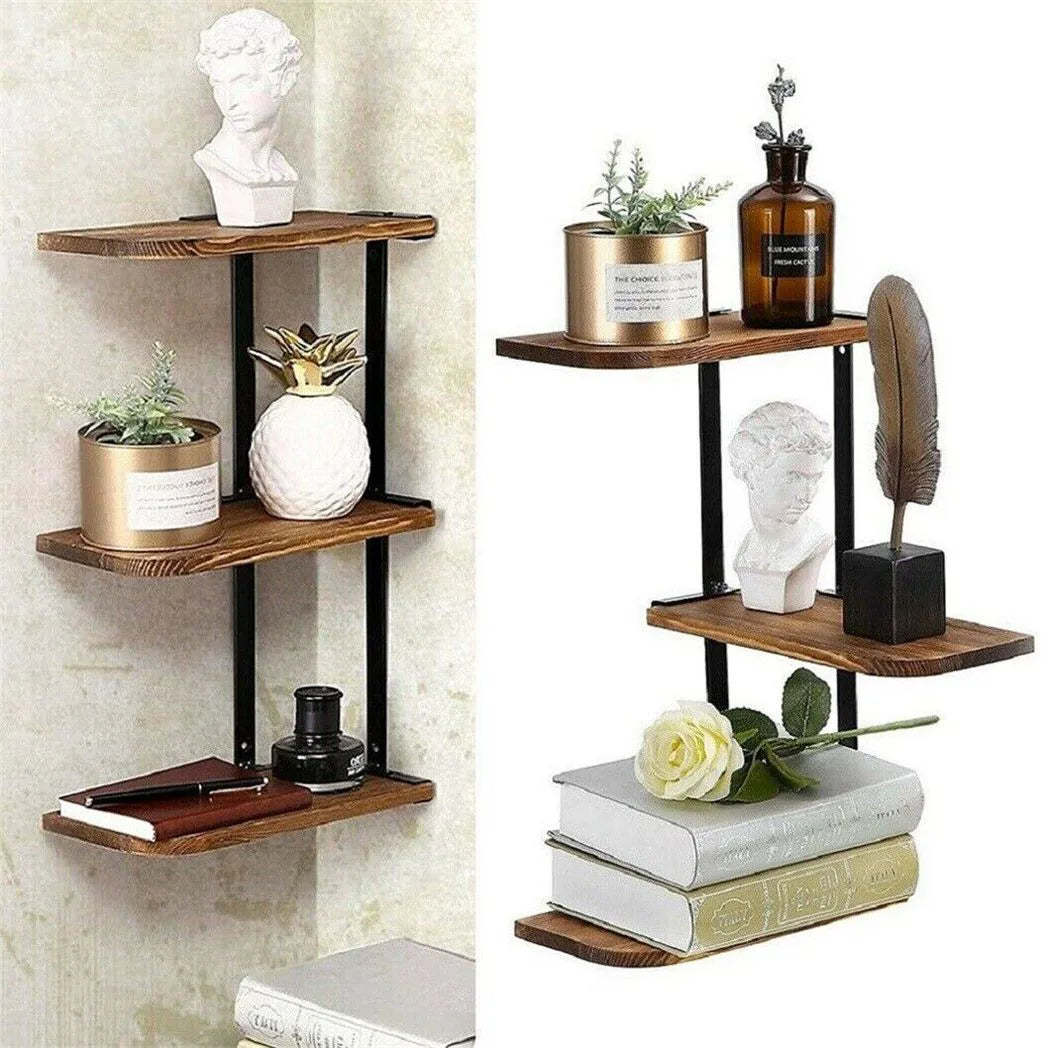 3-Tier Luca Corner Wall Shelf – Modern Floating Pine & Iron Storage Display Shelving, Black & Light Brown
