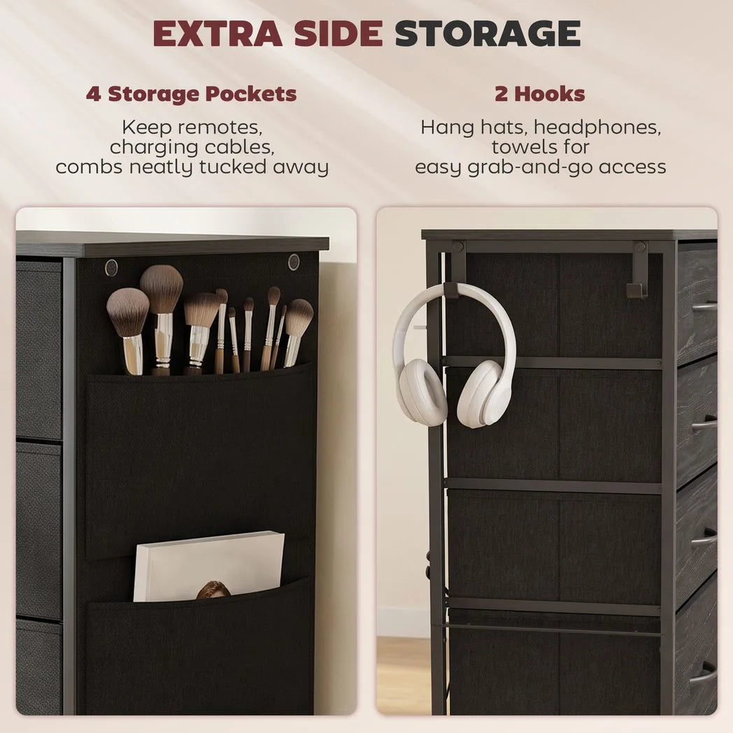 HOMCOM Chest of Drawers with 5 Fabric Drawers, 4 Pockets, 2 Hooks and Steel Frame – Tall Storage, Black