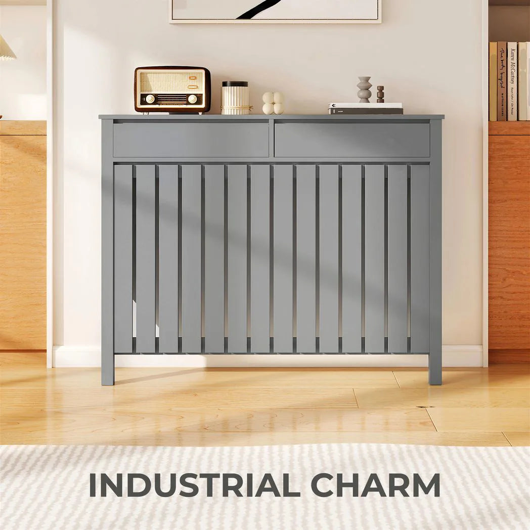 HOMCOM Modern Radiator Cover with Top Drawers and Vertical Slats, 93 x 119cm – Slimline Heater Cabinet, Grey