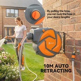 DURHAND 10m Wall-Mounted Auto-Rewind Garden Hose Reel with 7-Pattern Spray Nozzle, Orange