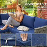 Outsunny 4 Piece Rattan Garden Corner Sofa Set with Glass-Top Coffee Table & Cushions, Blue