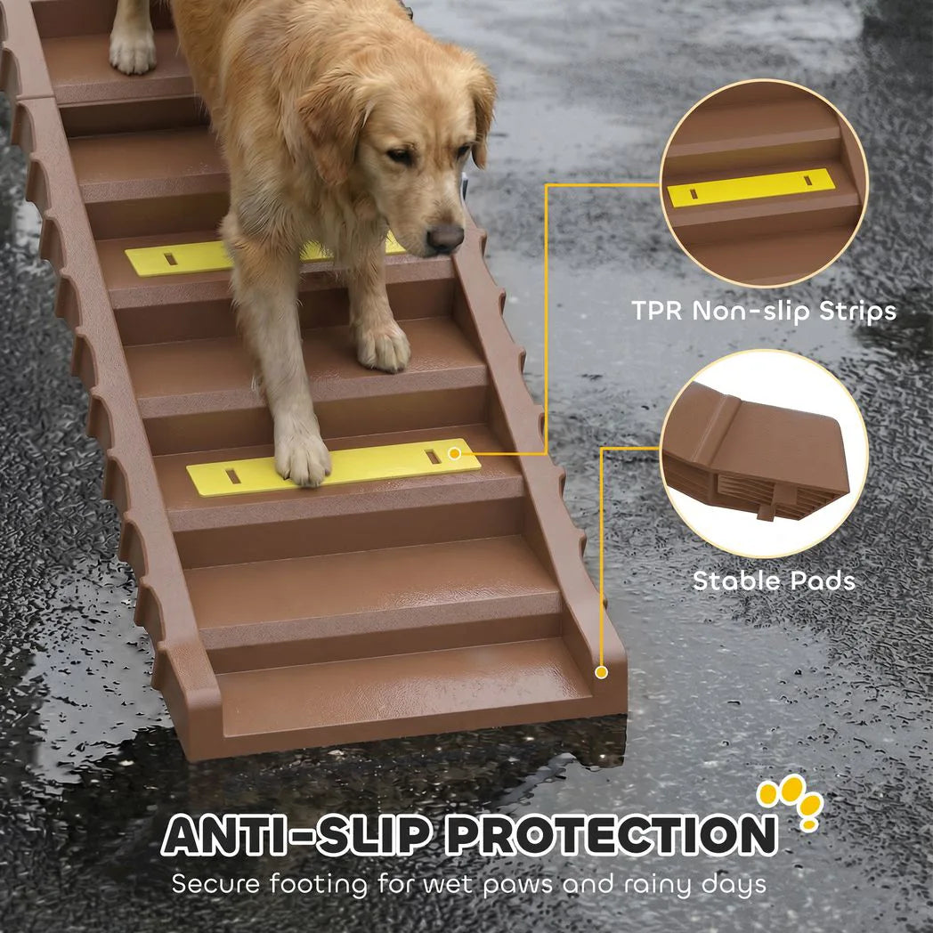 PawHut Dog Car Ramp with Anti-Slip Steps – 10-Step Foldable Pet Stairs for Cars and High Beds, Brown