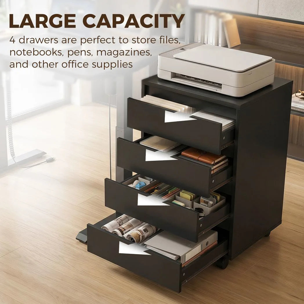 HOMCOM Four-Drawer Office Filing Cabinet with Wheels and Anti-Tipping Straps – Under Desk Storage, Black