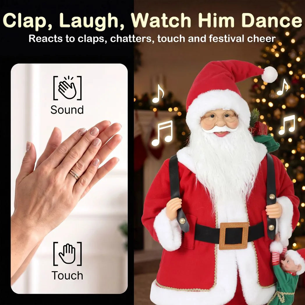HOMCOM 4ft Singing Dancing Santa Claus with Sack and Hanging Elf – Animated Christmas Figure, Sound and Touch Activated