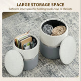 HOMCOM Nesting Round Storage Ottoman Set of 2 with Lift-Off Lids – Footstool and Vanity Stool, Cream and Grey