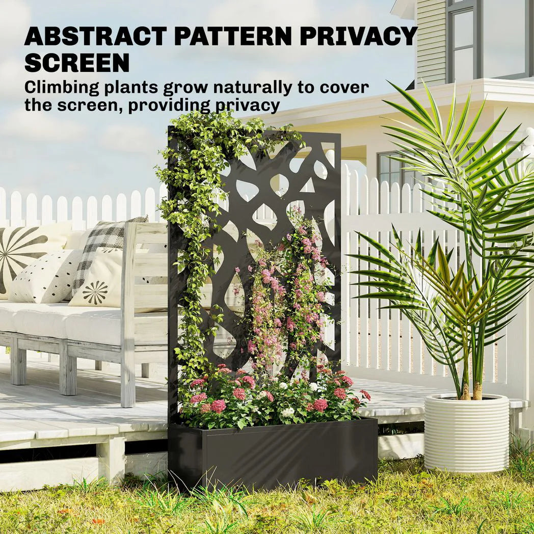 Outsunny Metal Raised Garden Bed with Trellis Privacy Screen, Planter Box for Climbing Plants, 113 x 61 x 23 cm