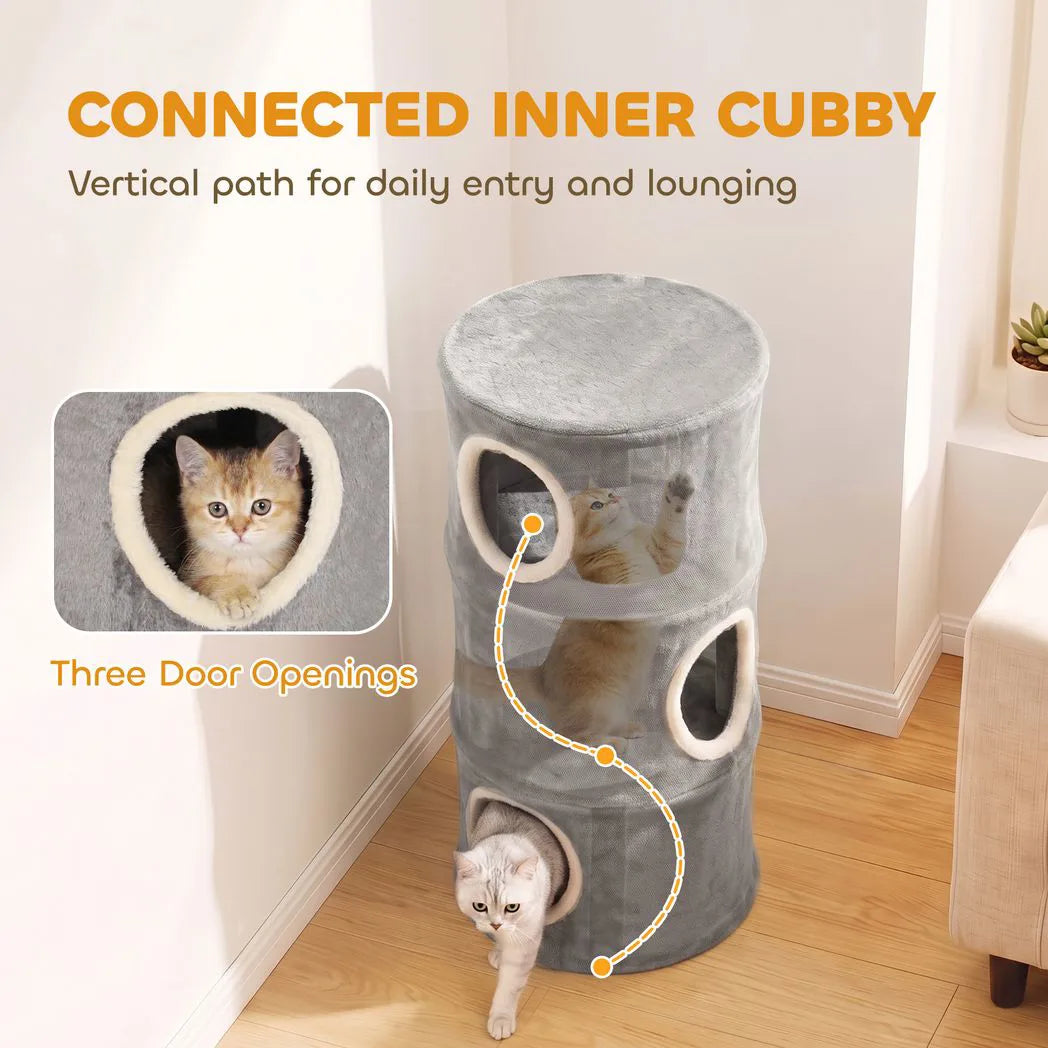 PawHut Four-Tier Cat Tree Tower with Connected Cubby and Removable Plush Cover – Space-Saving Cat Condo