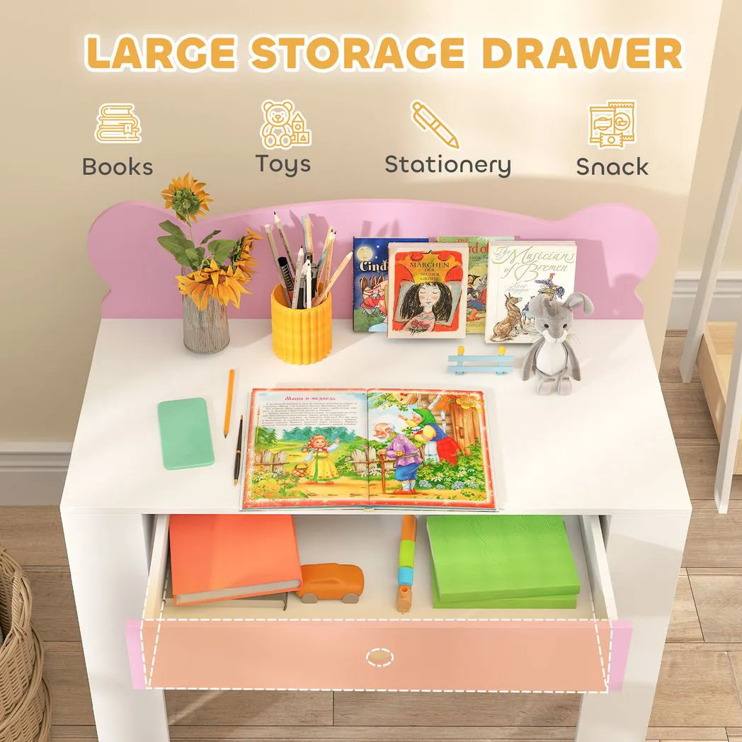 AIYAPLAY Kids Desk and Chair Set with Drawer and Bear Theme – Children's Study Table for Bedroom or Daycare, Pink