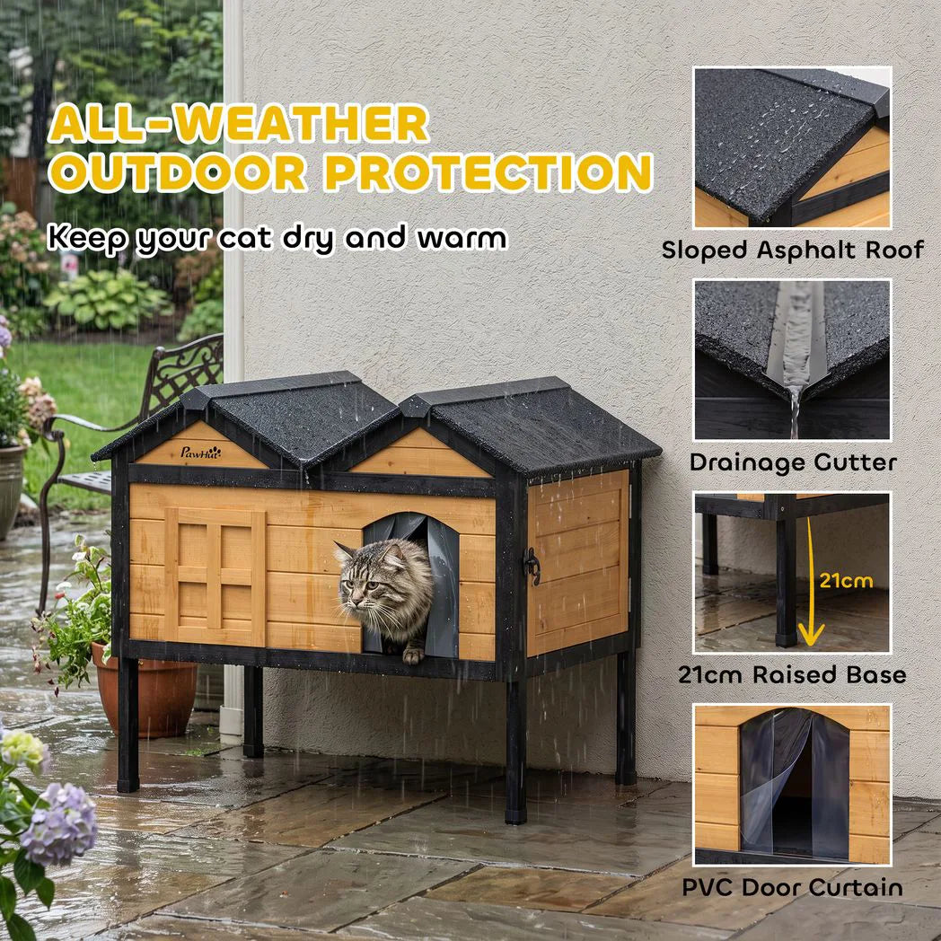PawHut Wooden Outdoor Cat House with Asphalt Roof, Side Cleaning Door and PVC Curtain – Insulated Cat Shelter
