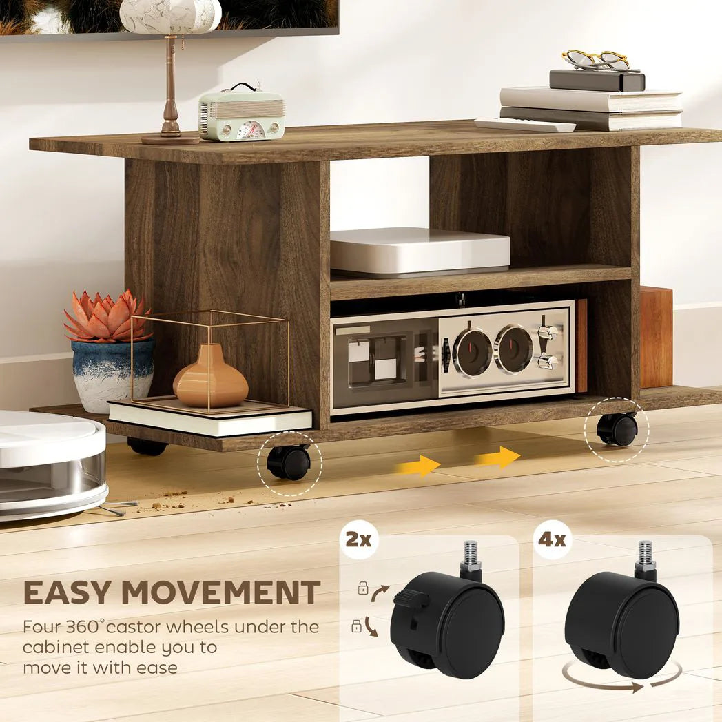 HOMCOM Modern Mobile TV Cabinet with Storage Shelves and 4 Casters, Bedroom Bookcase Unit – Walnut