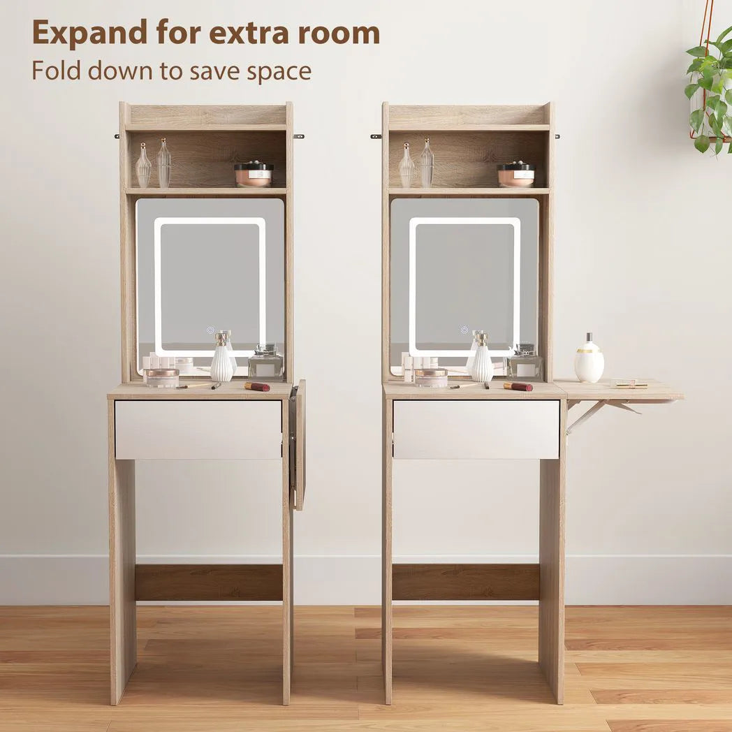HOMCOM Small Vanity Desk with LED Mirror, Drop Leaf & Open Shelves – Compact Dressing Table, Natural Wood