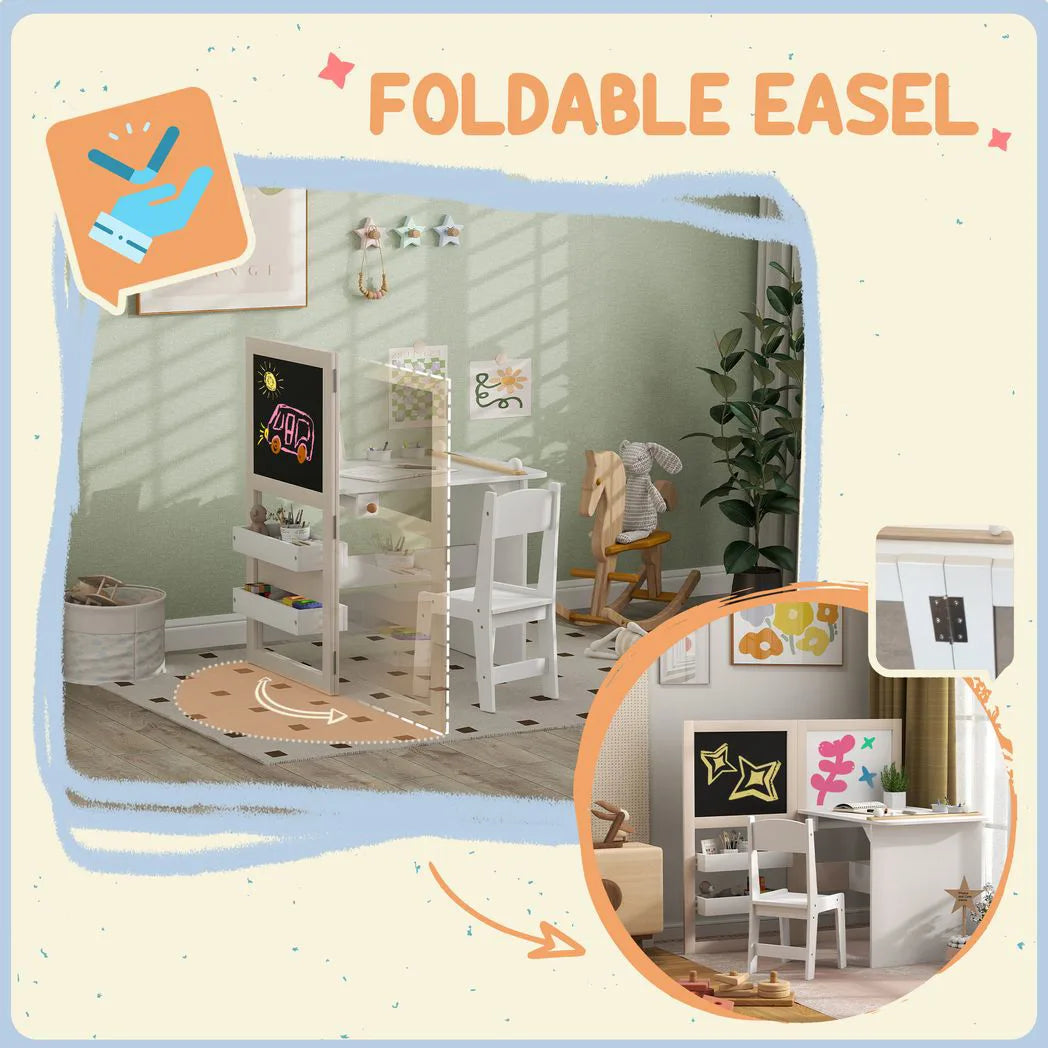AIYAPLAY 3-in-1 Kids Table and Chair Set with Storage, Whiteboard and Blackboard – Ages 3-8, White