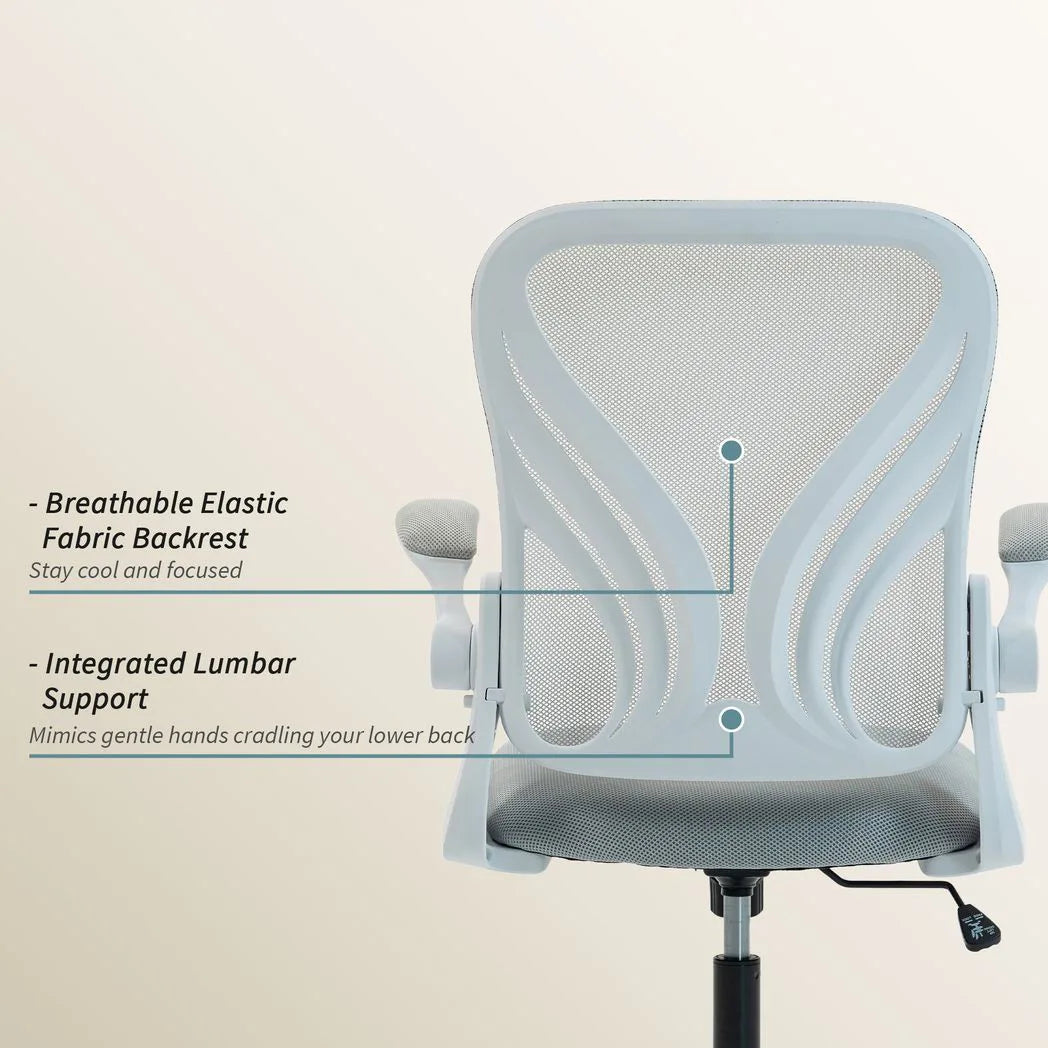 HOMCOM Mesh Office Chair with Foldable Backrest & Flip-Up Arms – Space-Saving Computer Desk Chair, Light Grey