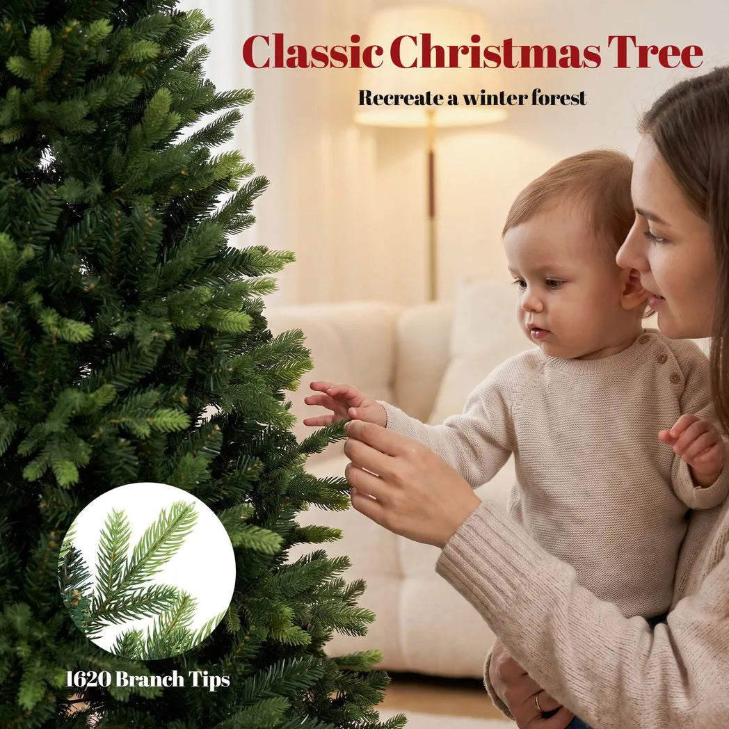 HOMCOM 5ft Hinged Artificial Christmas Tree with 1620 PE and PVC Tips and Fir Wood Base, Green