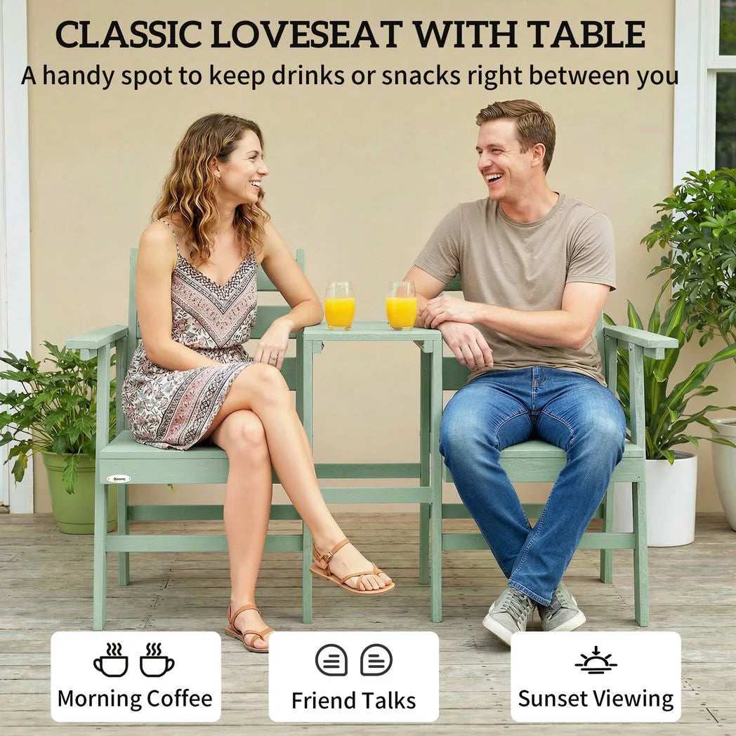 Outsunny Wooden Jack and Jill Garden Seat – 2-Seater Loveseat with Integrated Table, Embossed Finish, Green