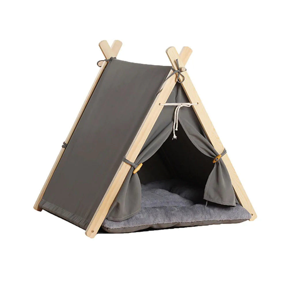 Large Pet Teepee Bed with Cushion – Canvas and Pine Igloo Play Tent for Dogs, Puppies and Cats, Grey