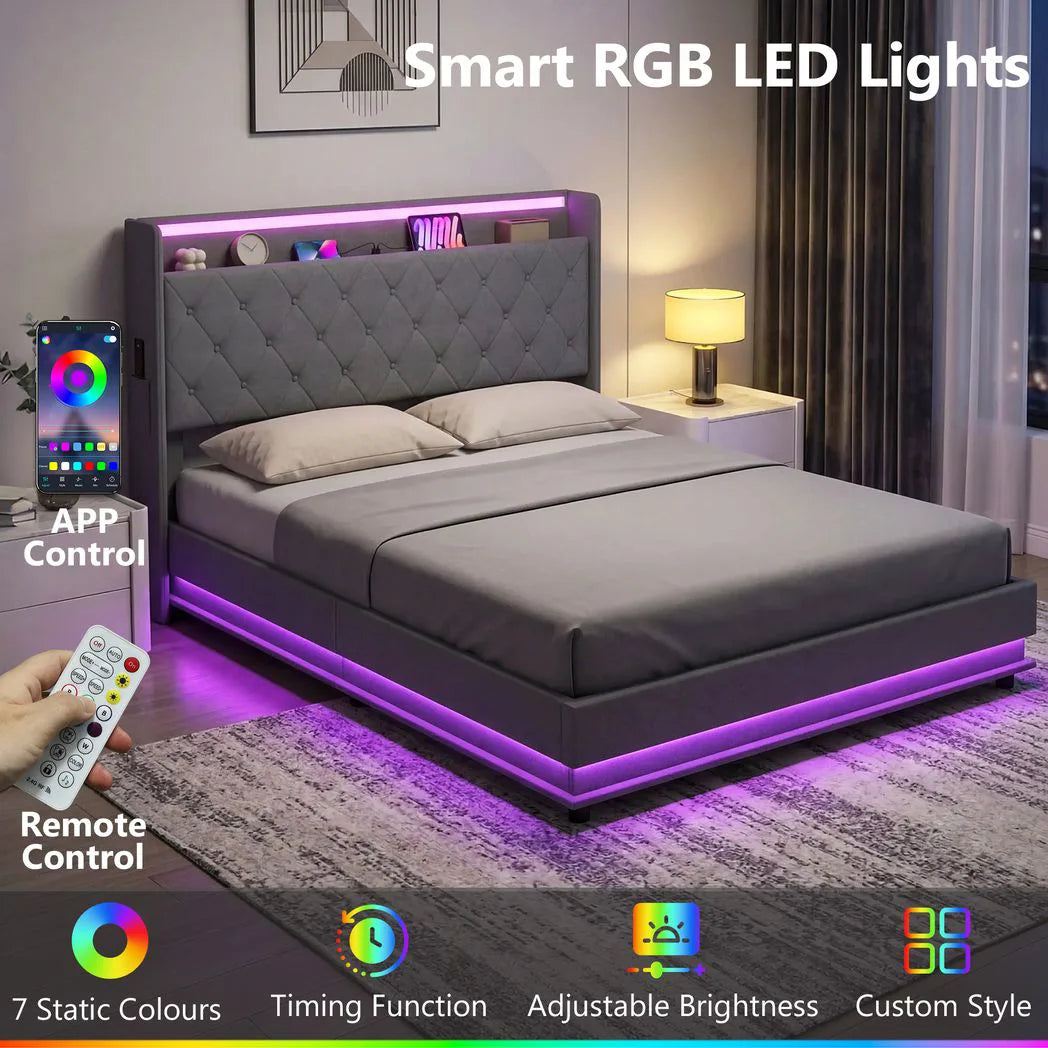 HOMCOM 5ft King Bed Frame with Hydraulic Storage, LED Lights and Charging Station – Ottoman Bed, Grey