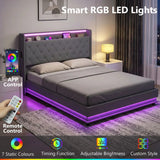 HOMCOM 5ft King Bed Frame with Hydraulic Storage, LED Lights and Charging Station – Ottoman Bed, Grey