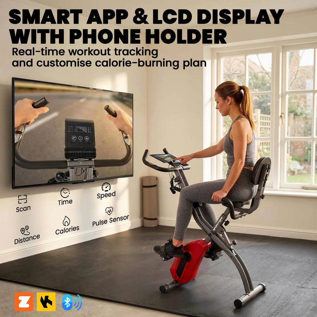 SPORTNOW 4-in-1 Folding Exercise Bike with Resistance Bands, 8-Level Magnetic Resistance & Bluetooth App, Red