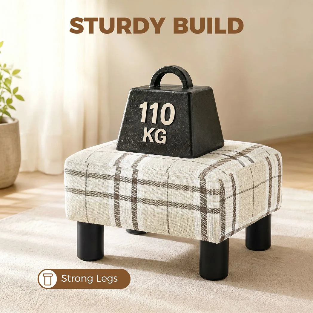 HOMCOM Linen Fabric Footstool Ottoman Cube with Padded Seat and Wooden Frame – Bedroom Stool, Multi-Colour