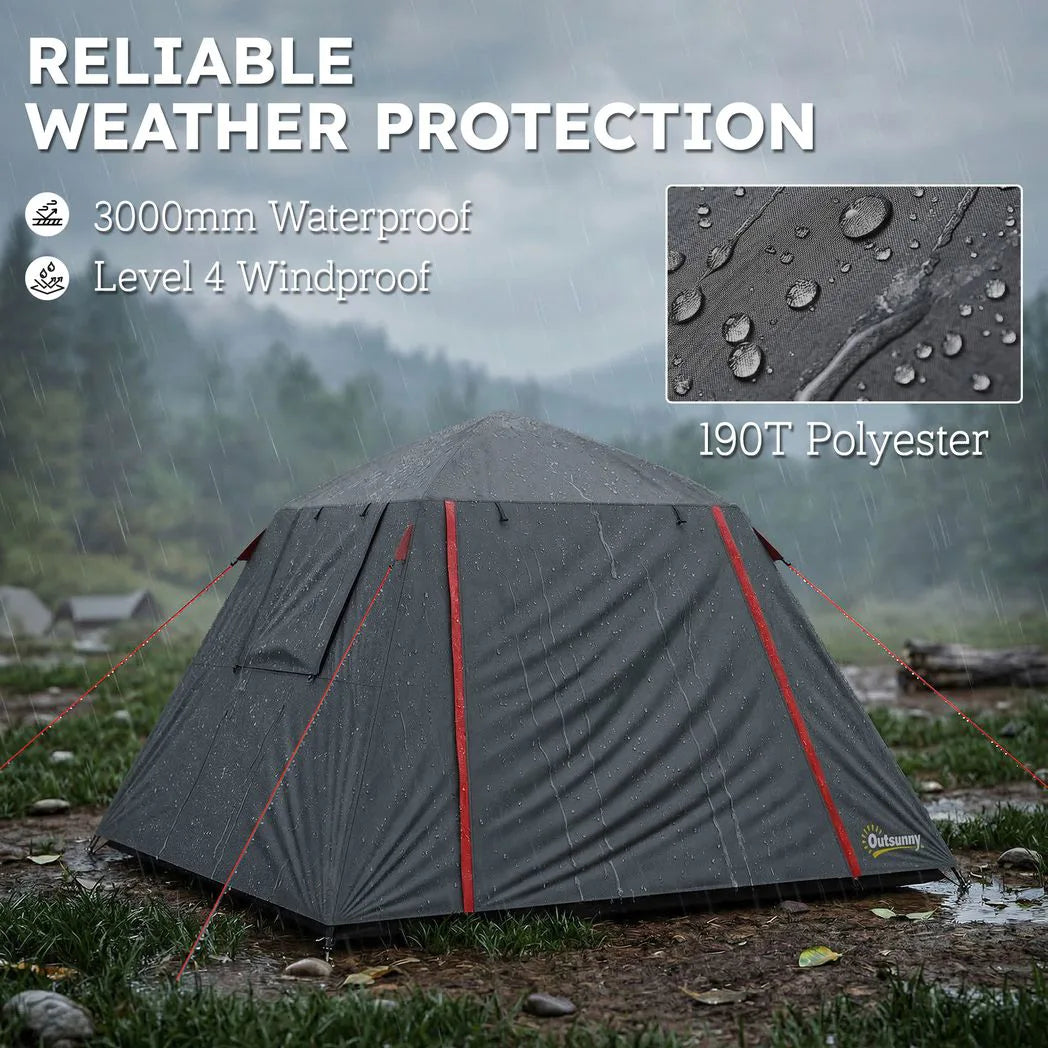 Outsunny 2-Person Camping Tent with 3000mm Waterproof Rating, 2 Doors & Mesh Windows – Dark Grey and Red