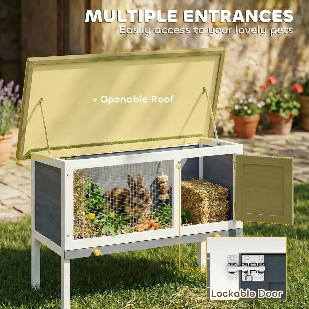 PawHut Wooden Rabbit Hutch with Asphalt Roof & Pull-Out Tray – Elevated Outdoor House for Small Animals