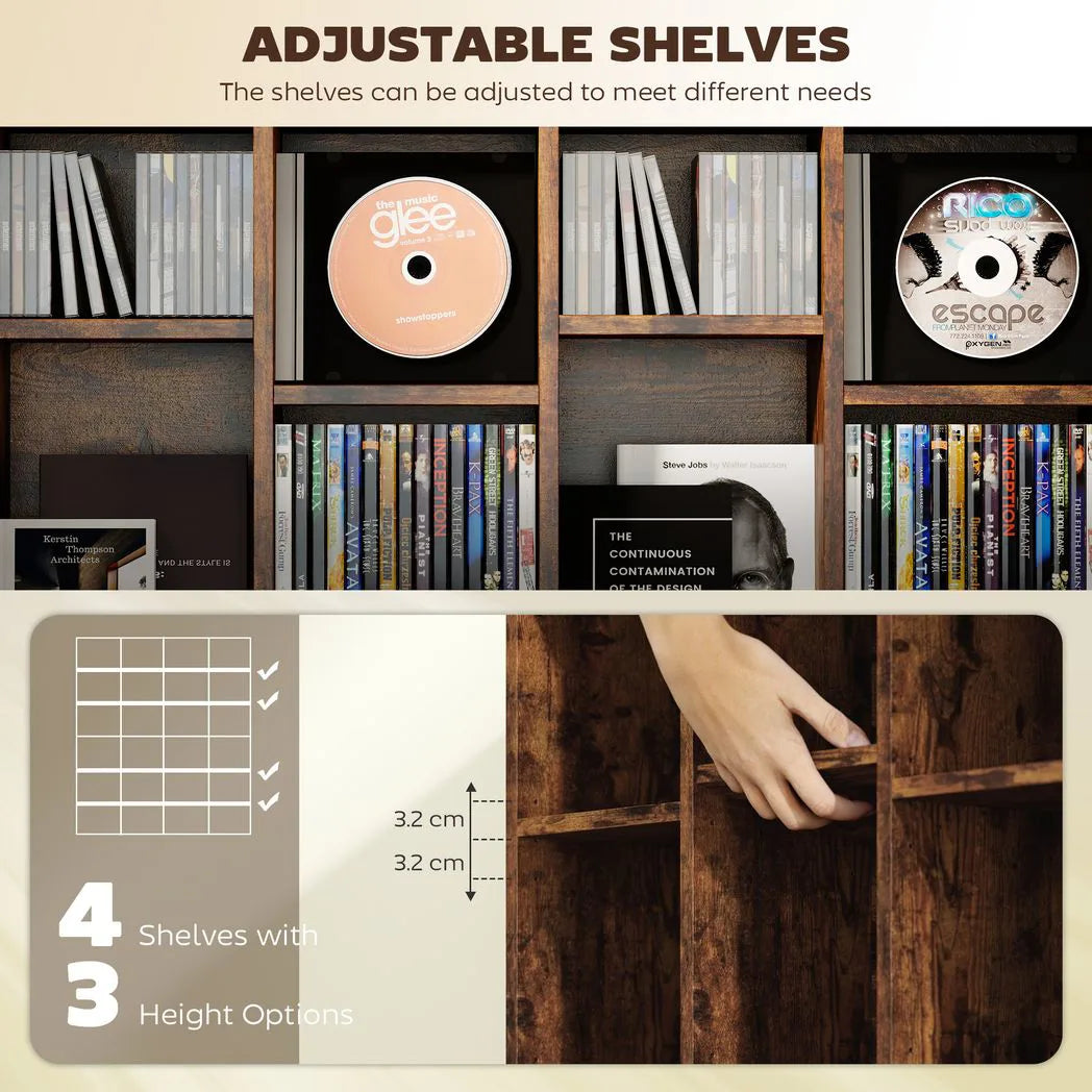 HOMCOM CD Storage Unit with 3-Level Adjustable Shelves – Slim Media Tower for CDs and DVDs, Rustic Brown