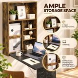 HOMCOM Folding Wall-Mounted Drop-Leaf Table with Chalkboard and Storage Shelf – Space-Saving Desk, Brown