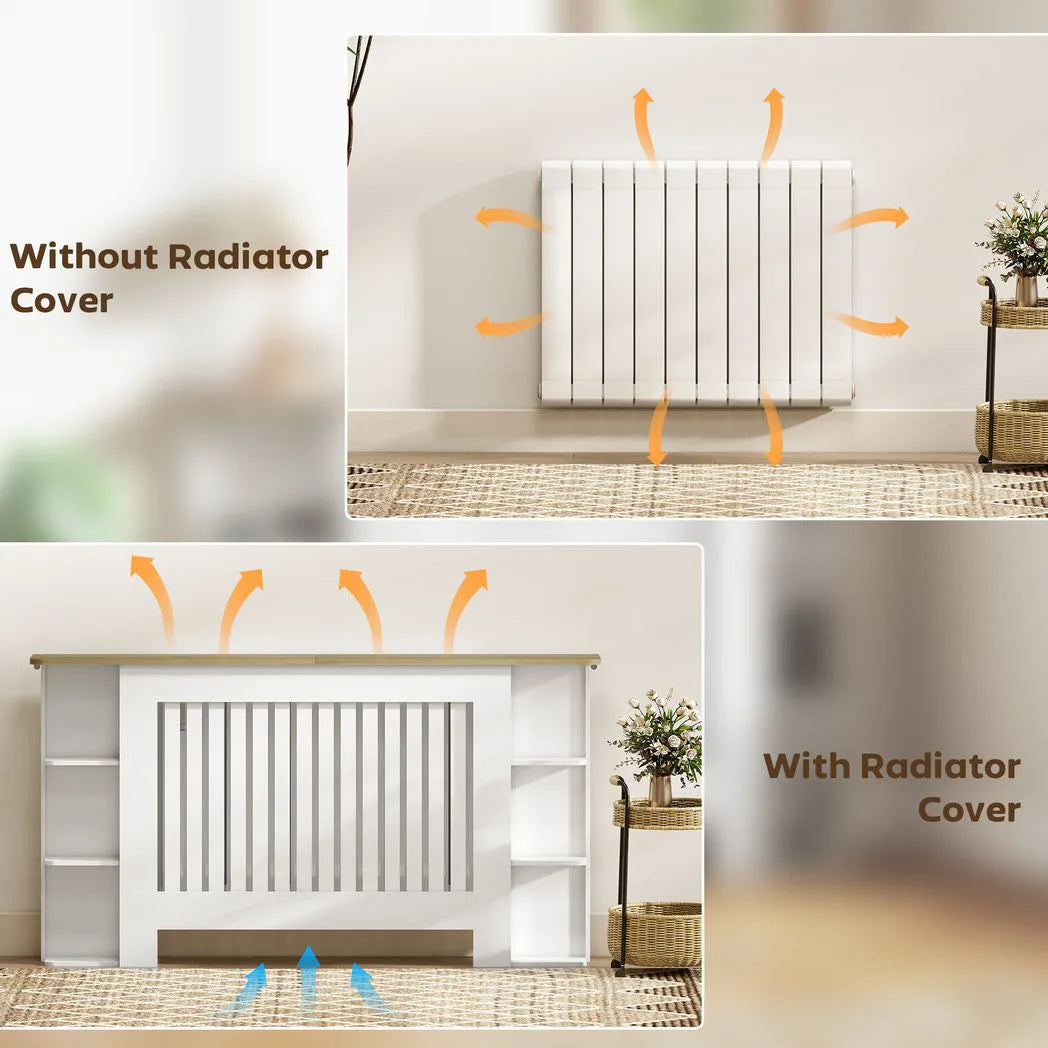 HOMCOM Radiator Cover with Open Storage Shelves and Vertical Slats – Heater Cabinet for Living Room & Hallway, White