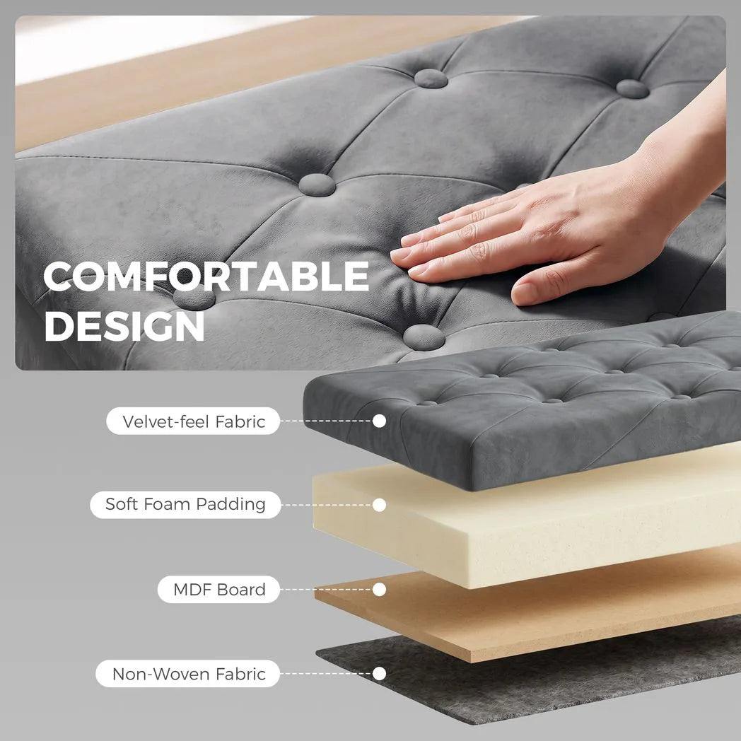 HOMCOM Velvet Upholstered Foldable Storage Ottoman Bench with Wood Legs, 67L – Footrest for Living Room, Grey