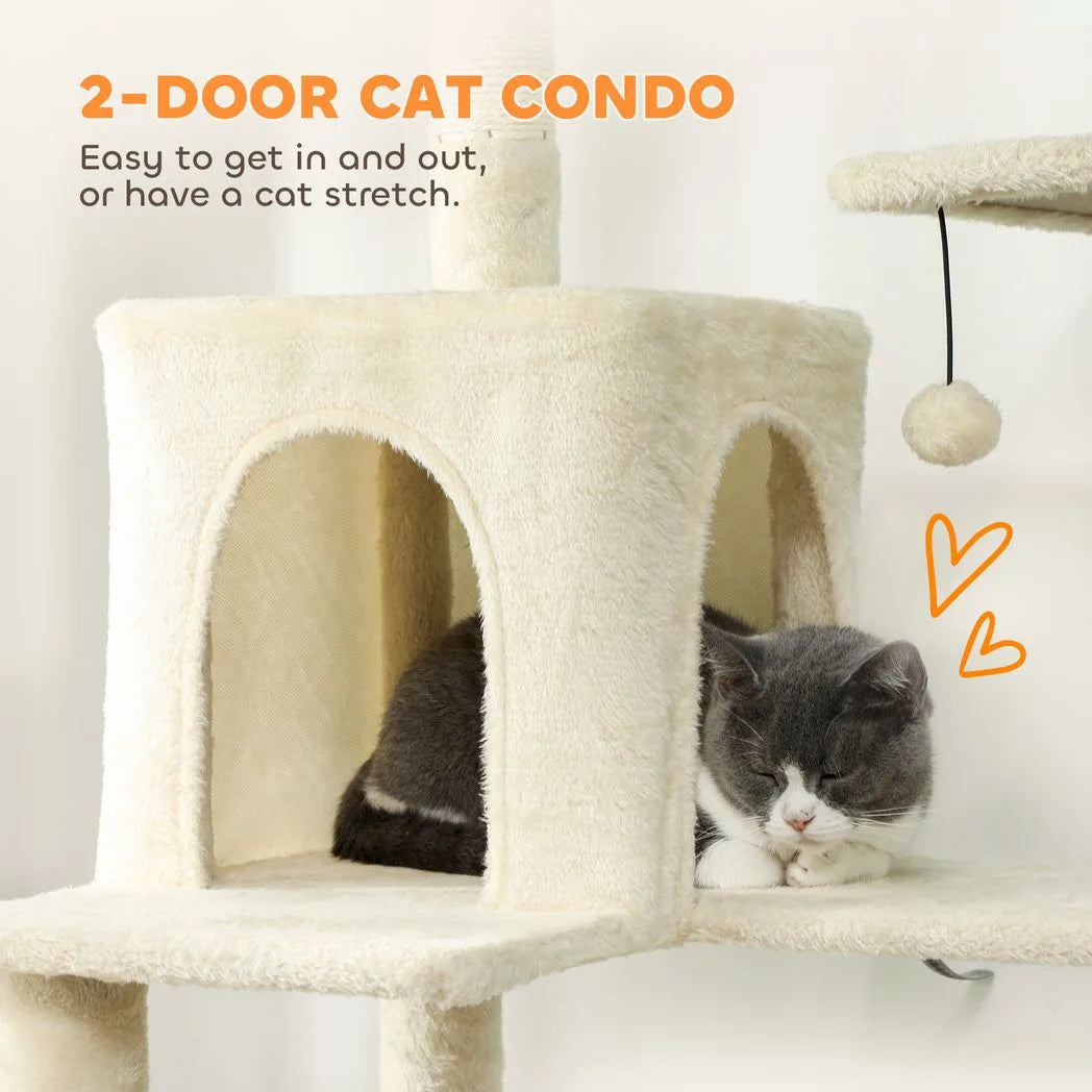 PawHut 202cm Cat Tree with 6 Scratching Posts, 2 Hammocks and 2 Condos – Cat Tower, Beige
