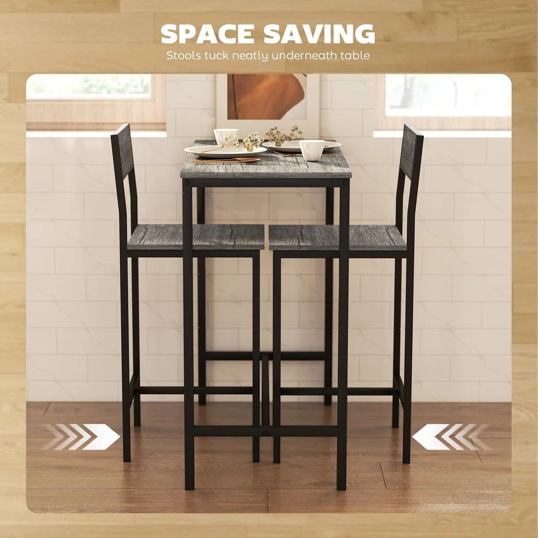 HOMCOM 3-Piece Industrial Bar Table Set with 2 Stools, Backrest and Footrest – Space-Saving, Charcoal Grey