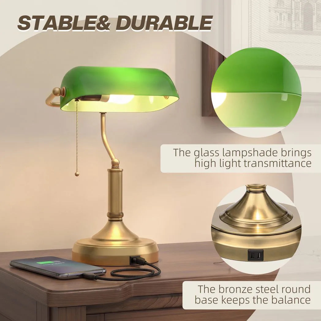 HOMCOM Banker's Desk Lamp with USB-A and Type-C Ports, Pull Rope Switch – Bronze-Tone Base, Green Shade