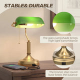 HOMCOM Banker's Desk Lamp with USB-A and Type-C Ports, Pull Rope Switch – Bronze-Tone Base, Green Shade