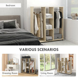 HOMCOM Mobile Open Wardrobe with Double Hanging Rails, 3 Shelves and 6 Wheels – Clothes Organiser, Natural