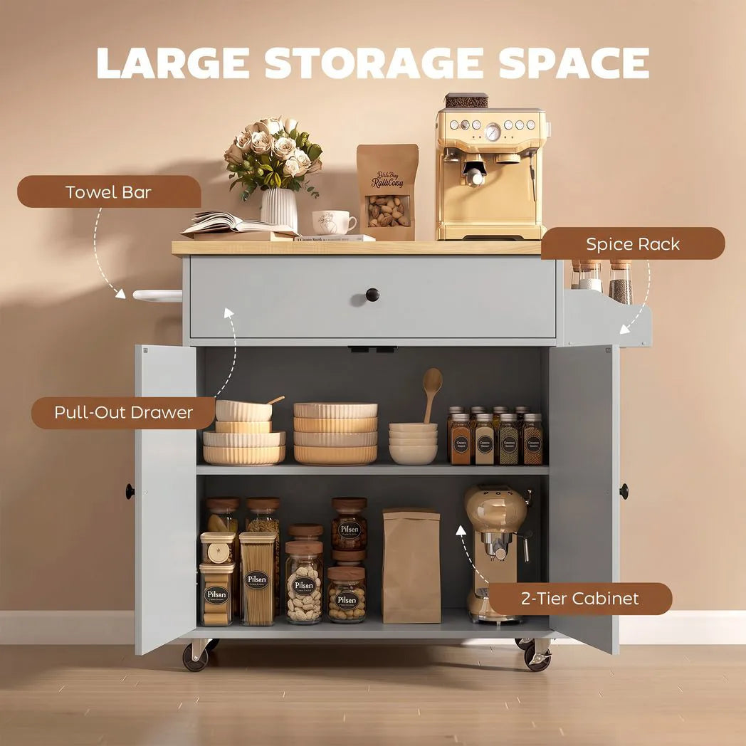 HOMCOM Rolling Kitchen Island with Drop Leaf, Drawer, Spice Rack and Towel Rack – Kitchen Storage Trolley, Grey