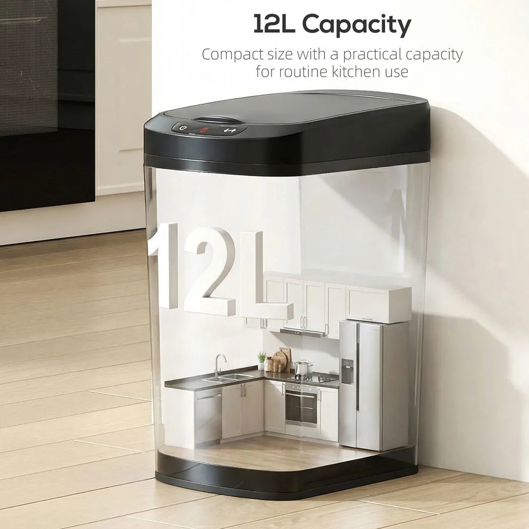 HOMCOM 12L Automatic Sensor Bin with Touchless Lid and Fingerprint-Resistant Stainless Steel – Kitchen Waste Bin, Black