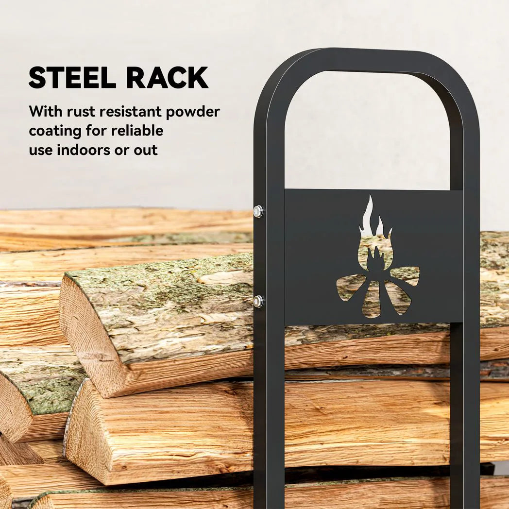 Outsunny 6.5ft Heavy Duty Steel Firewood Log Rack with Bonfire Pattern, 300kg Capacity, Black