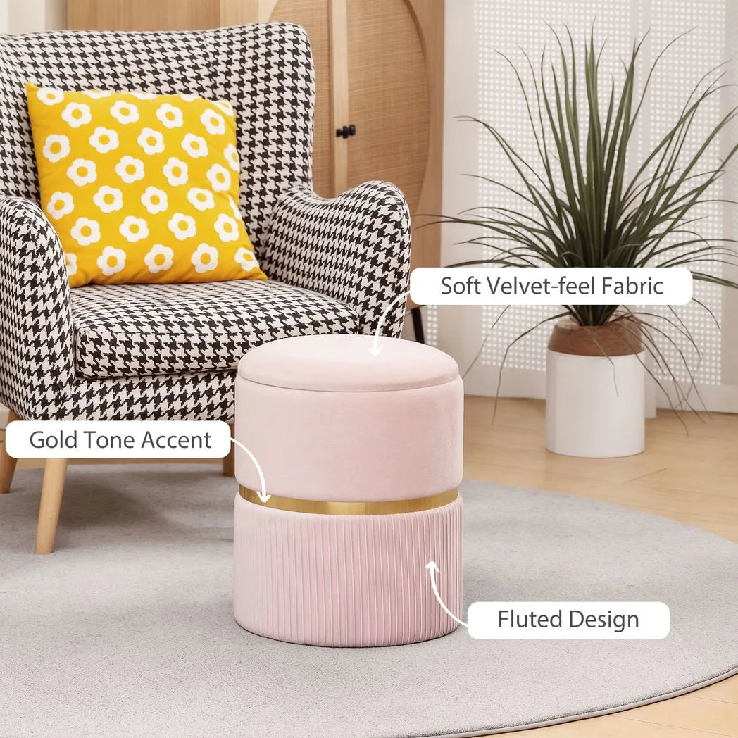 HOMCOM Velvet-Feel Round Storage Ottoman with Cushioned Top – Footstool and Hidden Storage, Pink