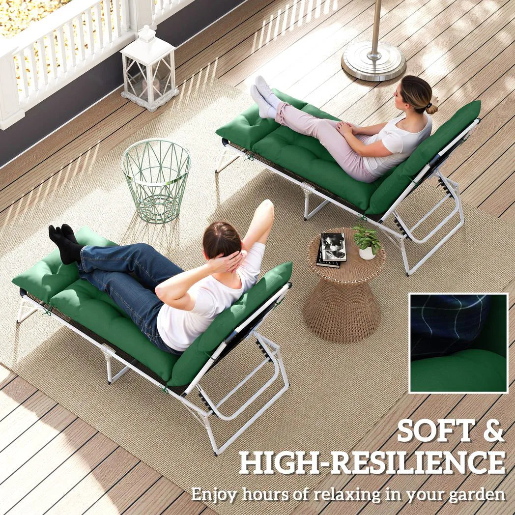Outsunny Sun Lounger Cushions, Set of 2 – 190 x 56cm Padded Outdoor Recliner Pads with Ties, Green