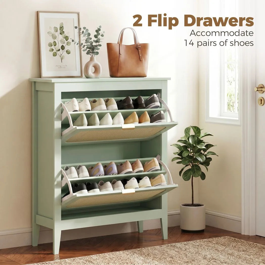 HOMCOM Boho Slim Shoe Cabinet with 2 Flip Drawers and Rattan-Accent Doors – Holds 14 Pairs, Light Green