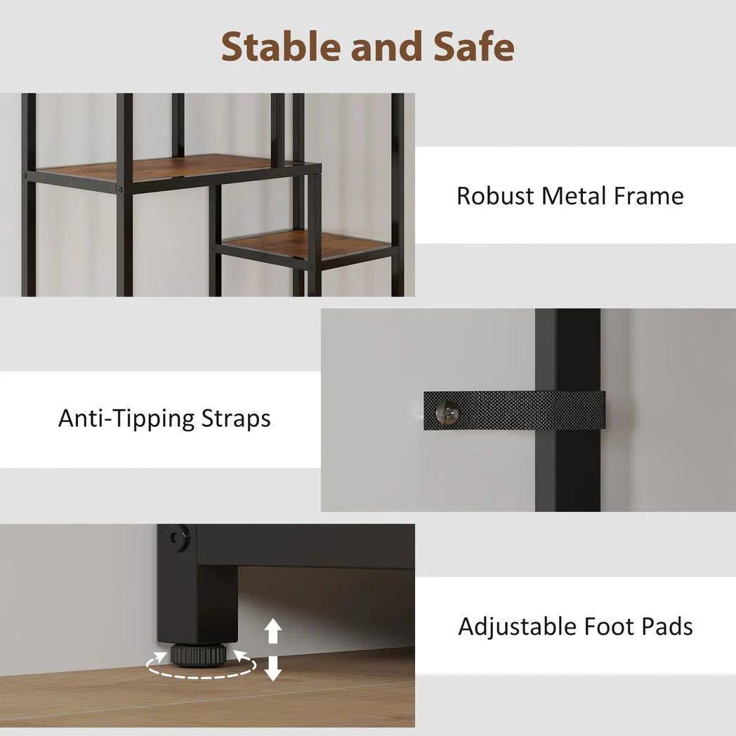HOMCOM Seven-Tier Geometric Bookcase with Metal Frame & Anti-Tipping Straps – Asymmetrical Storage, Brown