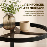 HOMCOM Round Side Table with Tempered Glass Top and Geometric Metal Frame – Compact End Table, Black