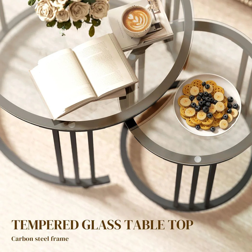 HOMCOM Round Nesting Coffee Tables Set of 2 – Tempered Glass Tops, Steel Frame, Art Deco Style, Black