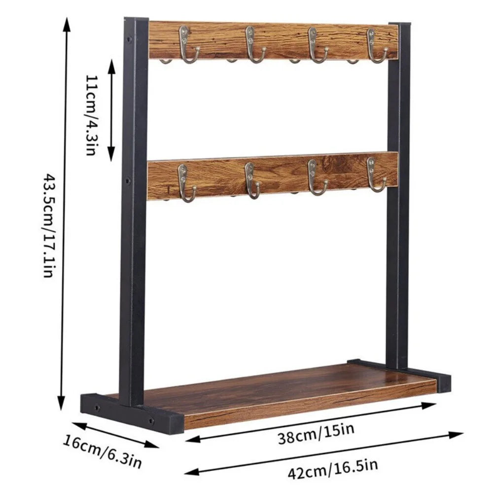 Tabletop 2-Tier Wooden Mug Rack with 16 Hooks – Industrial Farmhouse Coffee Mug Holder, Carbonised Wood