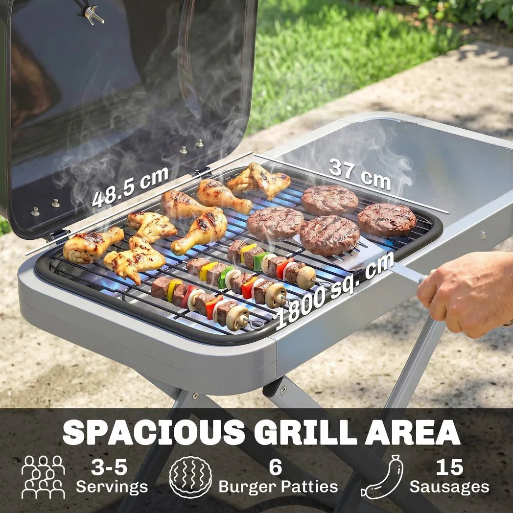 Outsunny Foldable Portable Gas BBQ Grill – 2.5kW with Lid Thermometer, Side Table, Grease Box and Wheels, Black