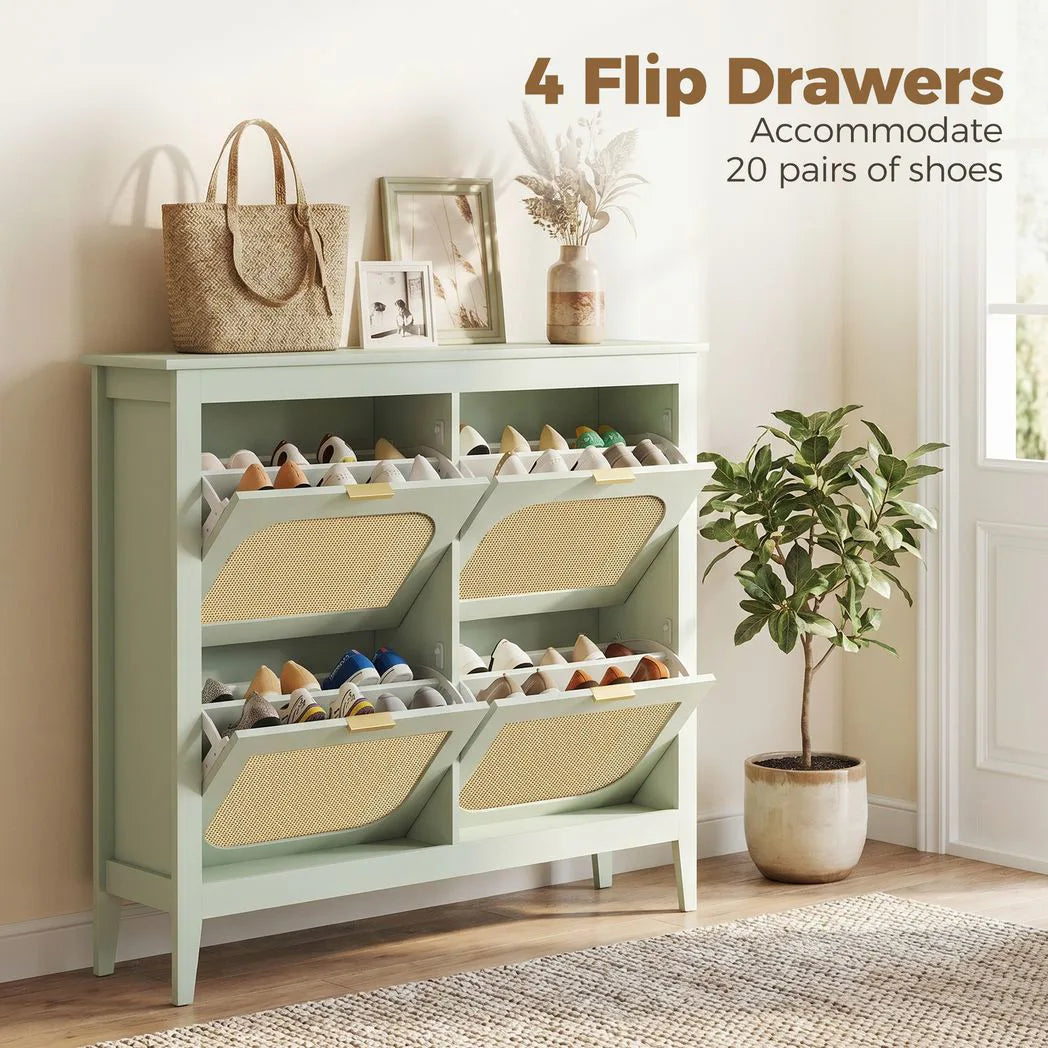 HOMCOM Boho Slim Shoe Cabinet with 4 Flip Drawers, Holds 20 Pairs, 105 x 24 x 95.5 cm – Light Green