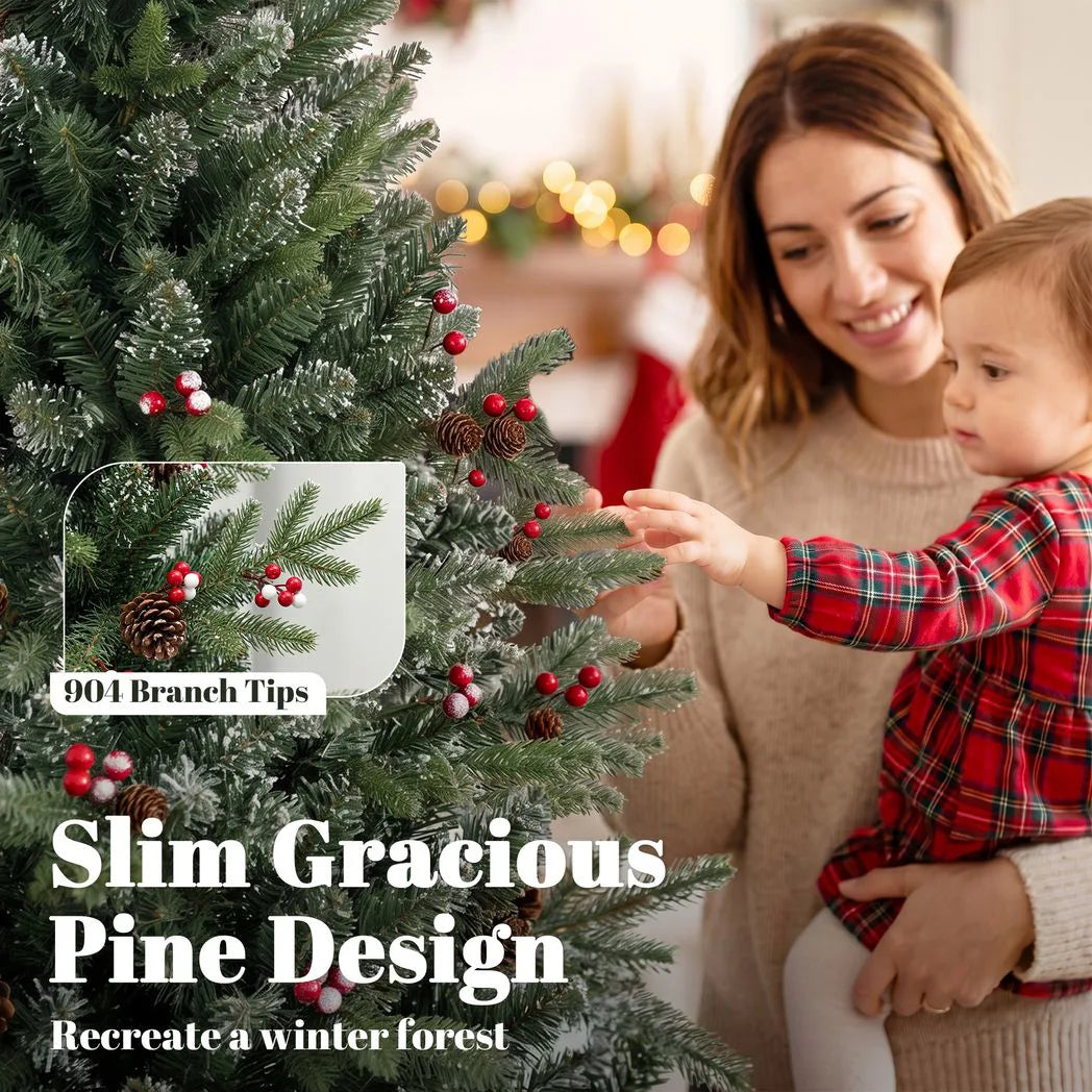 HOMCOM 7ft Slim Artificial Christmas Tree, Gracious Pine with 904 Tips, Pine Cones and Berries, Green