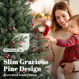 HOMCOM 7ft Slim Artificial Christmas Tree, Gracious Pine with 904 Tips, Pine Cones and Berries, Green
